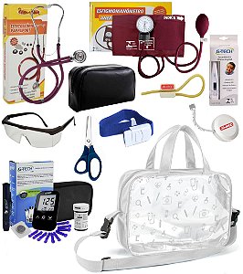 Kit Material de Enfermagem Aparelho de Pressão com Estetoscópio Duplo Rappaport Premium Completo Colorido + Medidor de Glicose + Bolsa Transparente