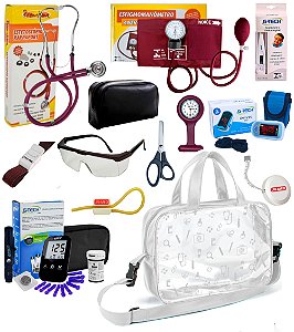 Kit Enfermagem Completo com Aparelho e Estetoscópio Premium Glicose G-tech + Oxímetro G-tech + Bolsa Transparente