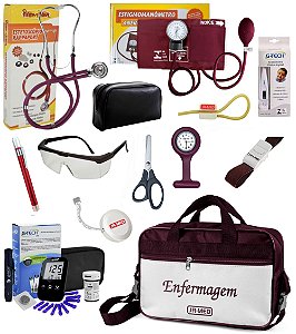 Kit Enfermagem Completo com Aparelho e Estetoscópio Premium + Relógio + Glicose G-tech + Bolsa Estágio