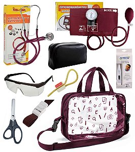 Kit Material de Enfermagem Aparelho de Pressão com Estetoscópio Duplo Rappaport Premium Completo + Bolsa Colorida Transparente