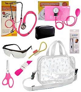 Kit Material de Enfermagem Aparelho de Pressão com Estetoscópio Duplo Rappaport Premium Completo + Bolsa Transparente