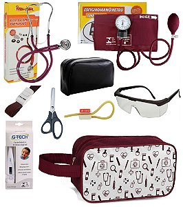 Kit Material de Enfermagem Aparelho de Pressão com Estetoscópio Duplo Rappaport Premium Completo Colorido + Nécessaire