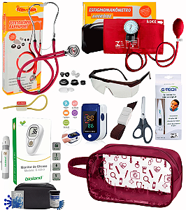 Kit enfermagem Premium completo com oximetro e medidor de glicose Bioland - Necessaire Transparente