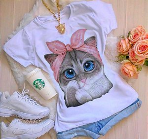 T-shirt feminina Gato, baby look , blusinhas e camisetas