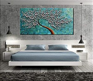 Quadro Pintura Tela fundo árvore luz flor azul Quarto 5287