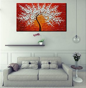 Quadro Pintura Tela flor árvore fundo branca presente 5311