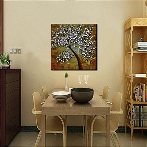 Quadro Pintura Tela árvore quadrada branco flor 5324