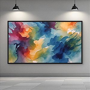 Quadro Decorativo Abstrato Aquarela Fluida Azul Amarelo e Roxo 6014