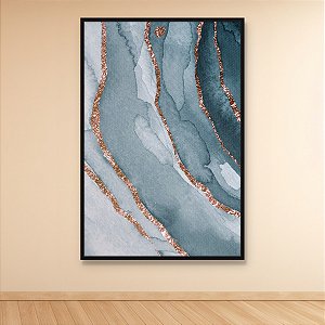 Quadro Decorativo Abstrato Mármore Ágata Azul com Linhas Gliter Cobre 6073