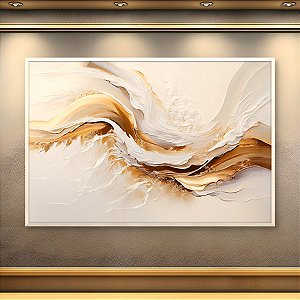 Quadro Decorativo Abstrato Ondas Douradas e Textura Branca Relevo 6088