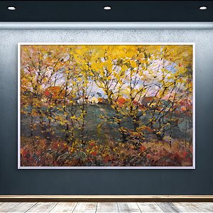 Quadro Decorativo Paisagem de Outono com Árvores Amarelas e Floresta 6020