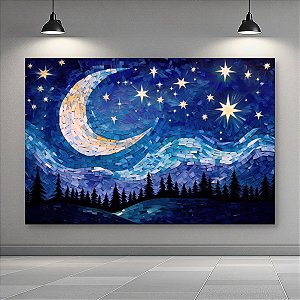 Quadro Decorativo Paisagem Noite Estrelada Lua Crescente e Pinheiros 6048