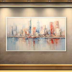 Quadro Decorativo Paisagem Urbana Skyline Abstrato em Tons de Azul e Vermelho 6123