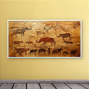 Quadro Decorativo Arte Rupestre Pré-Histórica com Animais e Figuras Humanas 6143