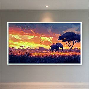 Quadro Decorativo Elefante na Savana Africana Pôr do Sol Cores Vivas 6147