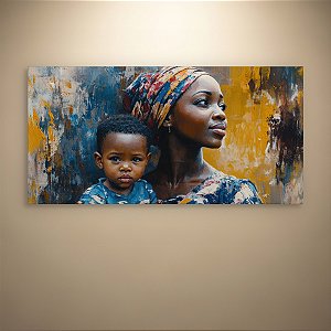 Quadro Decorativo Mãe e Filho Pintura a Óleo Abstrata Tons de Azul e Ouro 6139