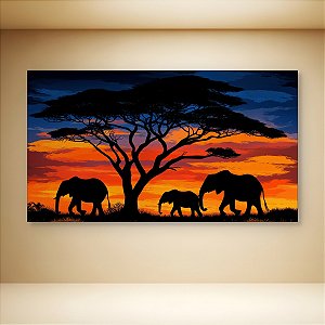 Quadro Decorativo Paisagem Savana Africana Elefantes Pôr do Sol 6138