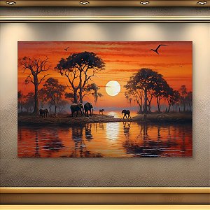 Quadro Decorativo Paisagem Savana Africana Elefantes Pôr do Sol e Rio 6133