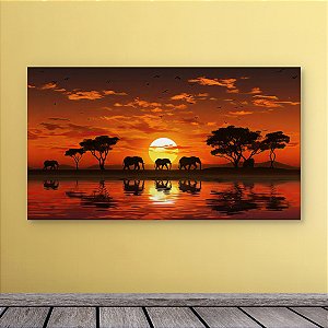 Quadro Decorativo Paisagem Savana Africana Elefantes Pôr do Sol e Rio 6144