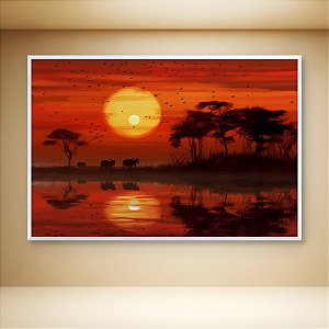 Quadro Decorativo Paisagem Savana Africana Por do Sol e Elefantes 6149