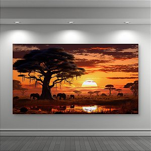 Quadro Decorativo Paisagem Savana Africana Pôr do Sol Elefantes e Árvore Baobá 6135