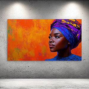 Quadro Decorativo Retrato Mulher Africana Turbante Colorido Pintura a Óleo 6146