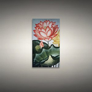 Quadro Decorativo Flor de Lótus Vermelha e Folhas Verdes Botânica 6155