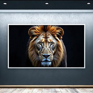 Quadro Decorativo Leão Majestoso Close Up Olhar Intenso e Fundo Preto 6183