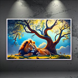 Quadro Decorativo Leão Majestoso Sob Árvore Iluminada e Céu Azul 6219