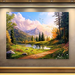 Quadro Decorativo Paisagem Alpina Rio Montanhas Neve e Floresta Dourada 6273