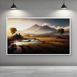 Quadro Decorativo Paisagem Arrozal com Montanhas e Pôr do Sol Dourado 6260