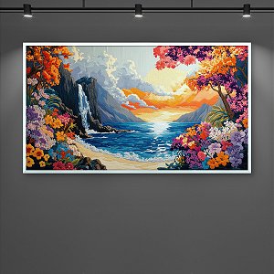 Quadro Decorativo Paisagem Cascata no Mar com Pôr do Sol Bordado 6247