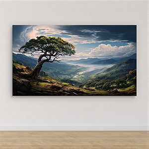 Quadro Decorativo Paisagem com Árvore Solitária Vale e Montanhas Verdes 6244