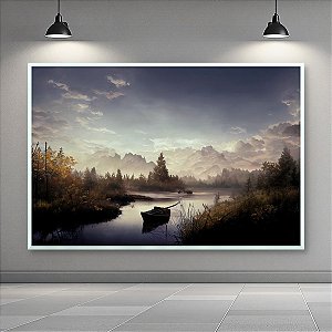 Quadro Decorativo Paisagem de Montanha Nevada Barco no Lago ao Entardecer 6258