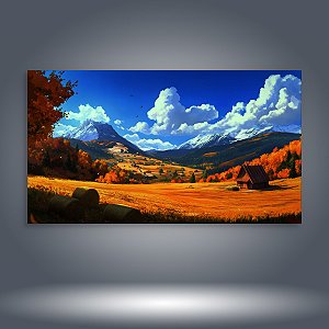 Quadro Decorativo Paisagem de Outono Montanhas Nevadas e Chalé Rústico 6214