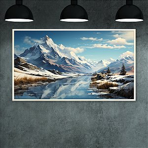 Quadro Decorativo Paisagem Invernada Montanhas Nevadas e Rio Congelado 6242