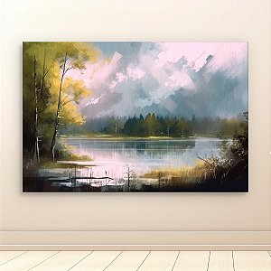 Quadro Decorativo Paisagem Lagoa Árvores Amarelas Floresta e Céu Nublado 6205