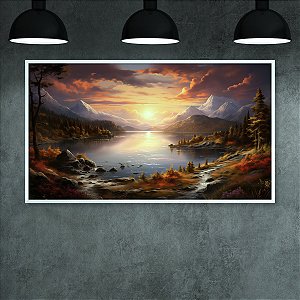 Quadro Decorativo Paisagem Montanhas ao Pôr do Sol e Lago Sereno 6223