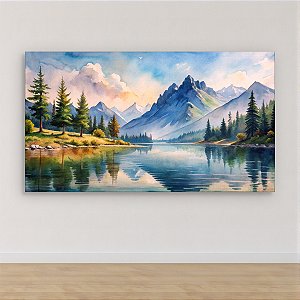 Quadro Decorativo Paisagem Montanhas Lago e Pinheiros Aquarela 6207