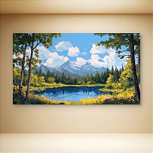Quadro Decorativo Paisagem Montanhas Nevada Lago e Floresta de Pinheiros 6235