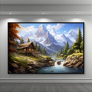 Quadro Decorativo Paisagem Montanhas Nevadas Cabana Rústica e Rio Alpino 6225