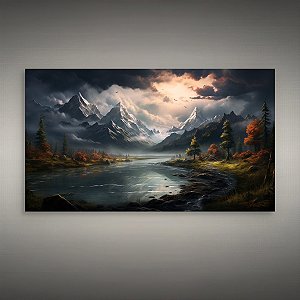 Quadro Decorativo Paisagem Montanhas Nevadas Rio Floresta Outonal e Céu Estornado 6240