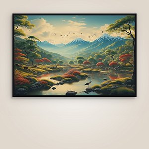 Quadro Decorativo Paisagem Montanhas Nevadas Vale Verde e Rio Sereno 6263
