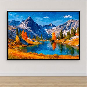 Quadro Decorativo Paisagem Montanhas Outono Lago Azul e Árvores Laranja 6254