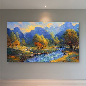 Quadro Decorativo Paisagem Montanhas Vale Rio e Árvores Outono 6272