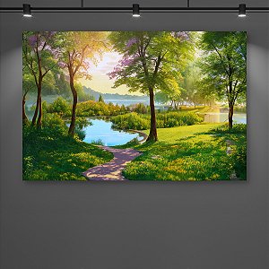 Quadro Decorativo Paisagem Natural Amanhecer no Lago e Árvores Floridas 6210