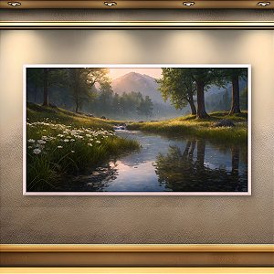 Quadro Decorativo Paisagem Natural Rio Montanhas e Margaridas ao Sol 6221