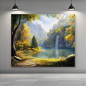 Quadro Decorativo Paisagem Outonal Cascata Lago Montanhas e Floresta Dourada 6199