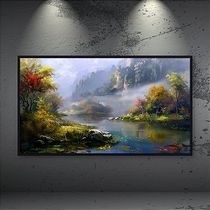 Quadro Decorativo Paisagem Outonal Rio Floresta e Montanhas Nebulosas 6259