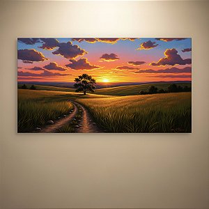 Quadro Decorativo Paisagem Pôr do Sol Árvore Solitária e Estrada no Campo 6238